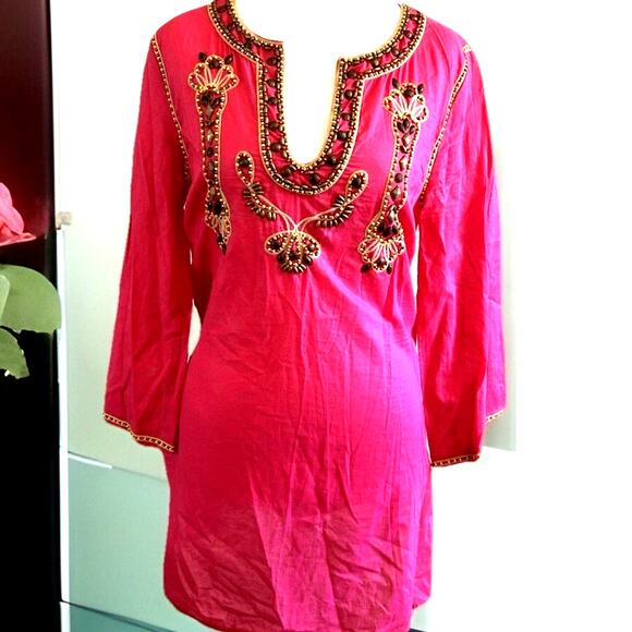 INC Pink Beaded Tunic Coverup boho festival resort vacation Embroidered  sz 6 - Picture 3 of 10